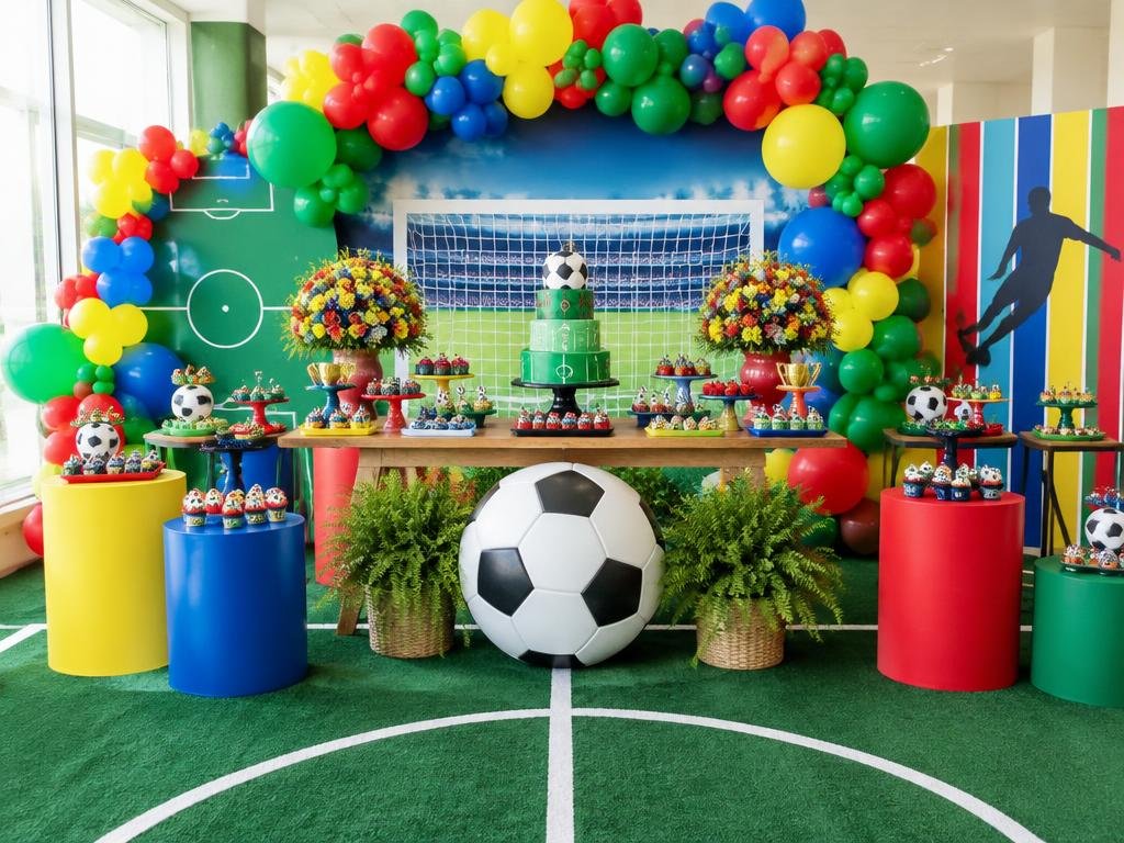 Festa infantil colorida com tema futebol